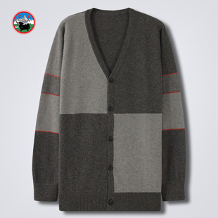 雪舟牦牛绒开衫男士V领薄款针织衫秋季撞色外套