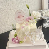 38女神节快乐氛围感双层幻彩珍珠蝴蝶蛋糕装 饰蝴蝶结蜡烛装 扮插件