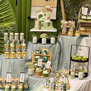 绿色新中式宝宝周岁礼蛋糕装饰插件南洋风竹筒杯甜品台装扮贴纸