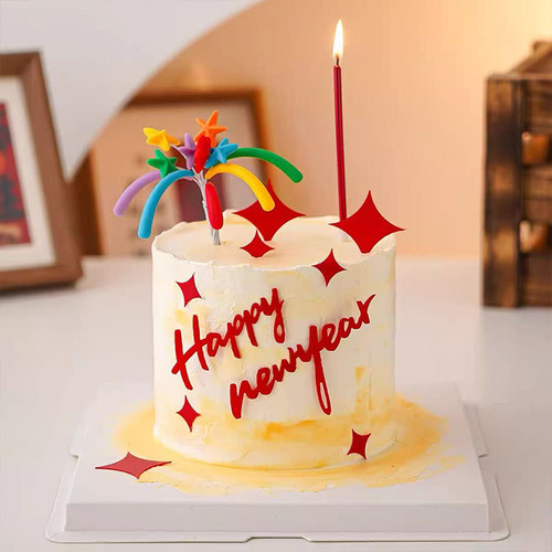 2026软胶多彩礼花火花蛋糕装饰插件英文新年快乐亚克力装扮配件