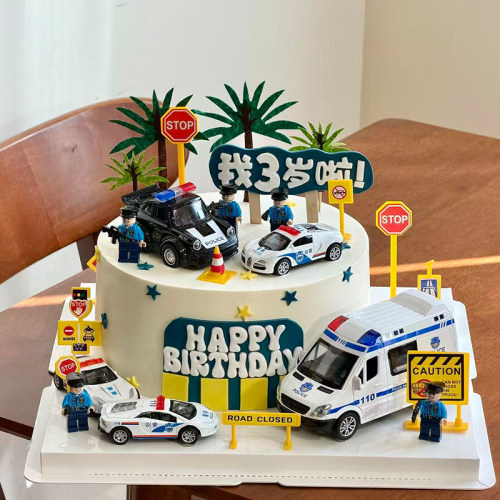 警察主题生日蛋糕装饰摆件儿童周岁礼警车消防交通标志烘焙插件