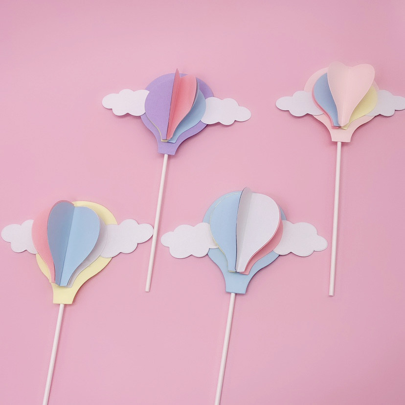 立体热气球生日蛋糕装饰摆件网红毛绒棉花唐云朵甜品台蛋糕插件旗