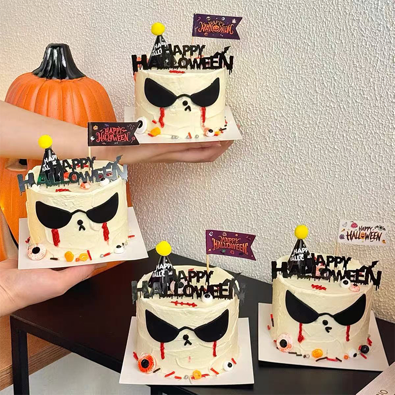 网红万圣节快乐亚克力蛋糕装饰墨镜酷狗迷你毛球帽双面旗装扮插件