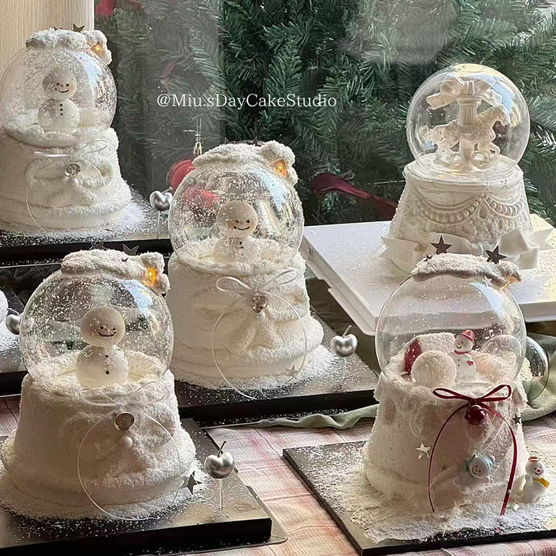 2025圣诞节水晶球雪人蛋糕装饰摆件旋转木马樱桃蜡烛烘焙装扮插件