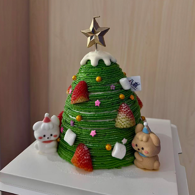 网红圣诞节可爱情侣修狗蛋糕装饰摆件五角星蜡烛许愿树装扮插件