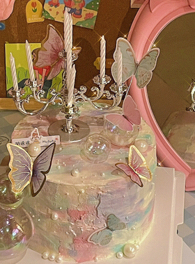 粉色紫色金边蝴蝶蛋糕装饰幻彩球烛台蛋糕摆件仙女生日装扮插件