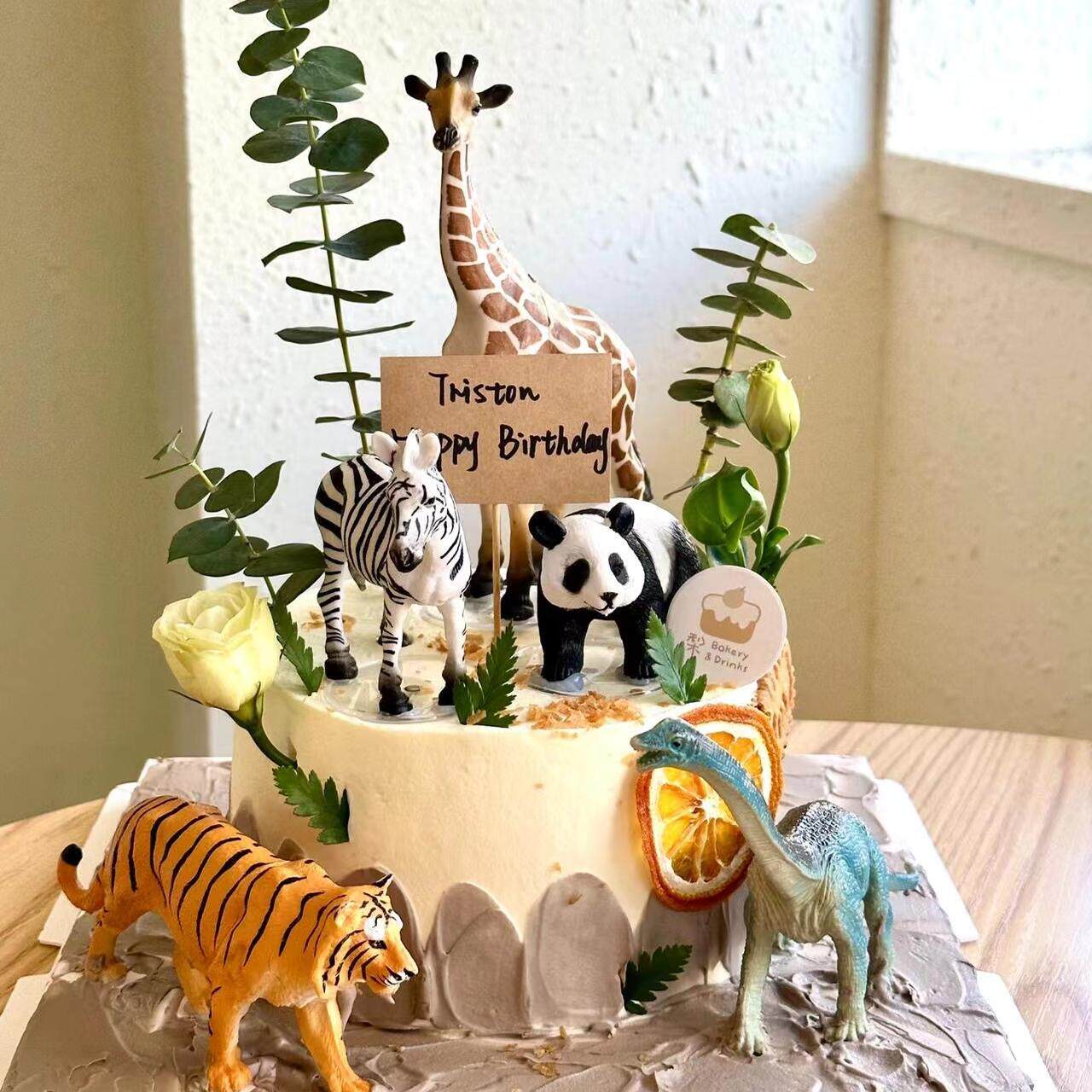 动物园蛋糕装饰摆件长颈鹿大熊猫大象森系宝宝生日甜品台烘焙插件