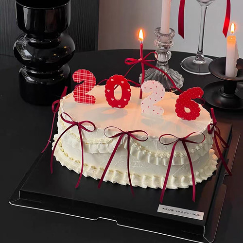 网红新年2026多巴胺数字蝴蝶结丝带蛋糕装饰插件曲线蜡烛跨年装扮