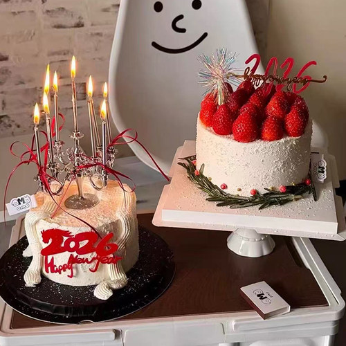 2026新年快乐银色烛台蛋糕装饰马年跨年亚克力烘焙装扮插件摆件