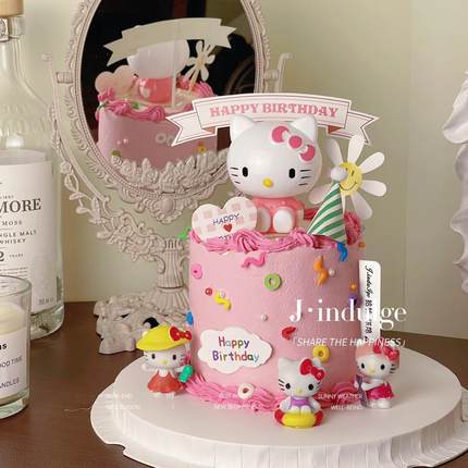 网红hello kitty蛋糕装饰摆件凯蒂猫迷你生日帽女孩烘焙装扮插件