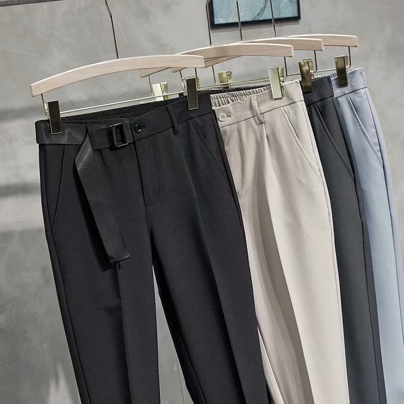 春夏时尚拼接腰带西裤美式复古休闲英伦风小脚裤9九分修身裤子男