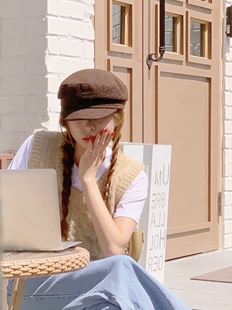 美拉德风帽子~自留咖啡色羊毛呢贝雷海军帽女韩代同款英伦平顶帽