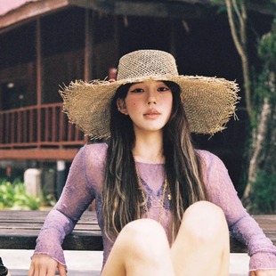 老钱风草帽大帽檐毛边帽子女夏海边沙滩度假风防晒遮阳镂空礼帽