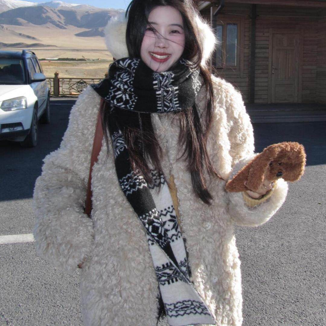 圣诞红绿色复古雪花双面针织围巾