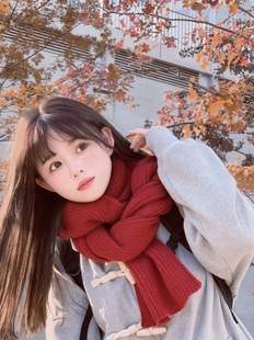 鬼怪同款酒红色围巾女冬针织氛围感高级新年圣诞年会生日礼物围脖