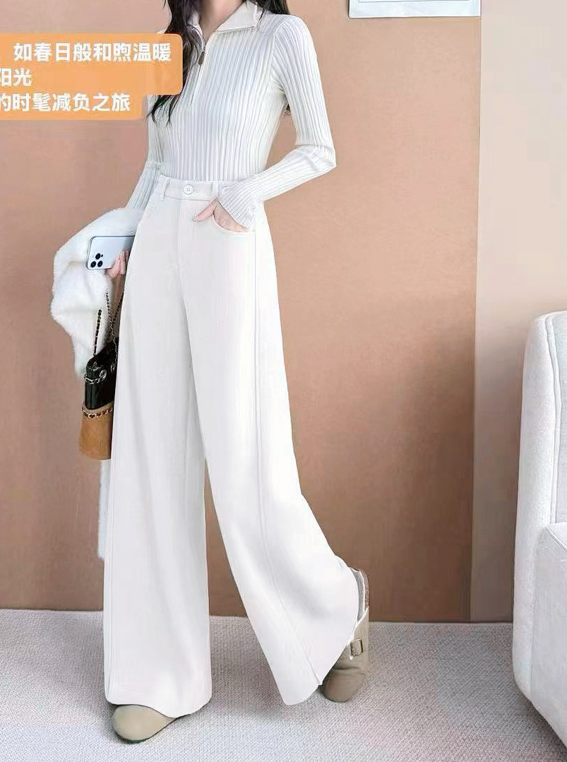 2025春秋新款羊绒阔腿裤女高腰窄版羊毛直筒休闲百搭显瘦拖地裤