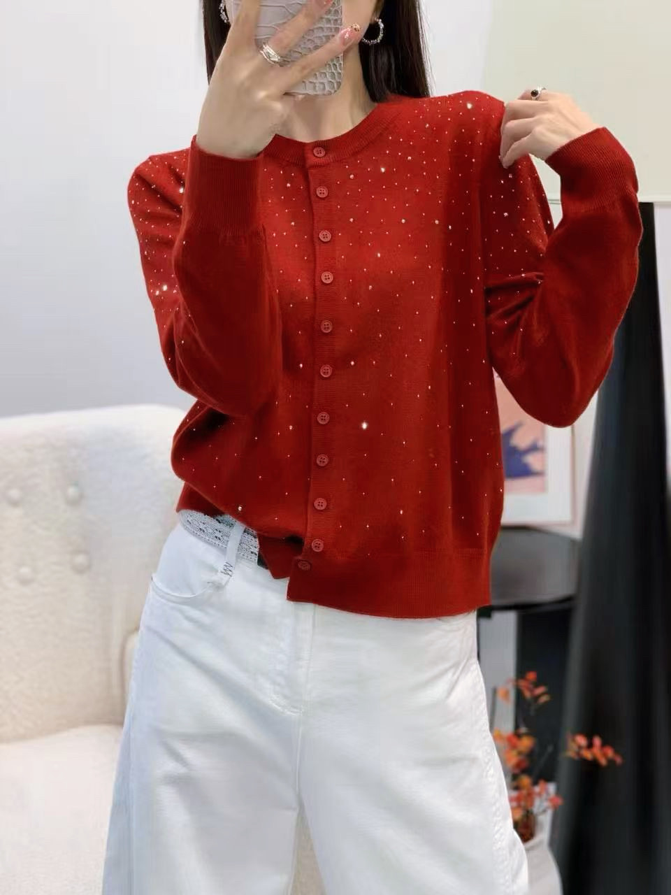 超好看圆领针织开衫女2026春装新款本命年红色小个子短款毛衣外套