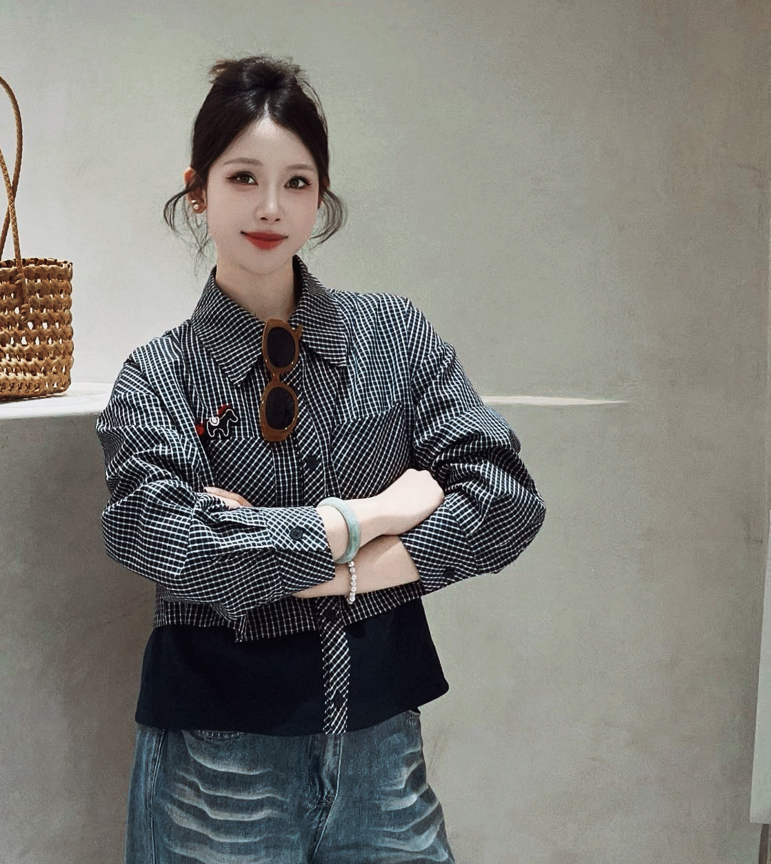 假两件条纹衬衫女2026春季新款格子长袖翻领显瘦休闲针织拼接上衣