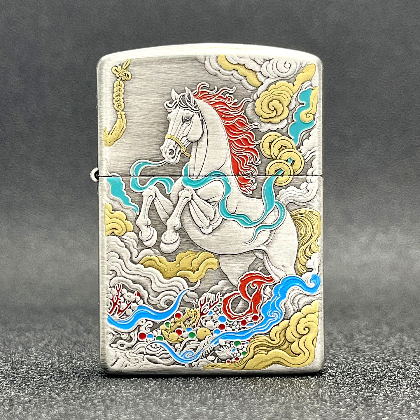 ZIPPO正品之宝打火机 原版盔甲鎏金DIY 马到成功 162银色骏业宏图