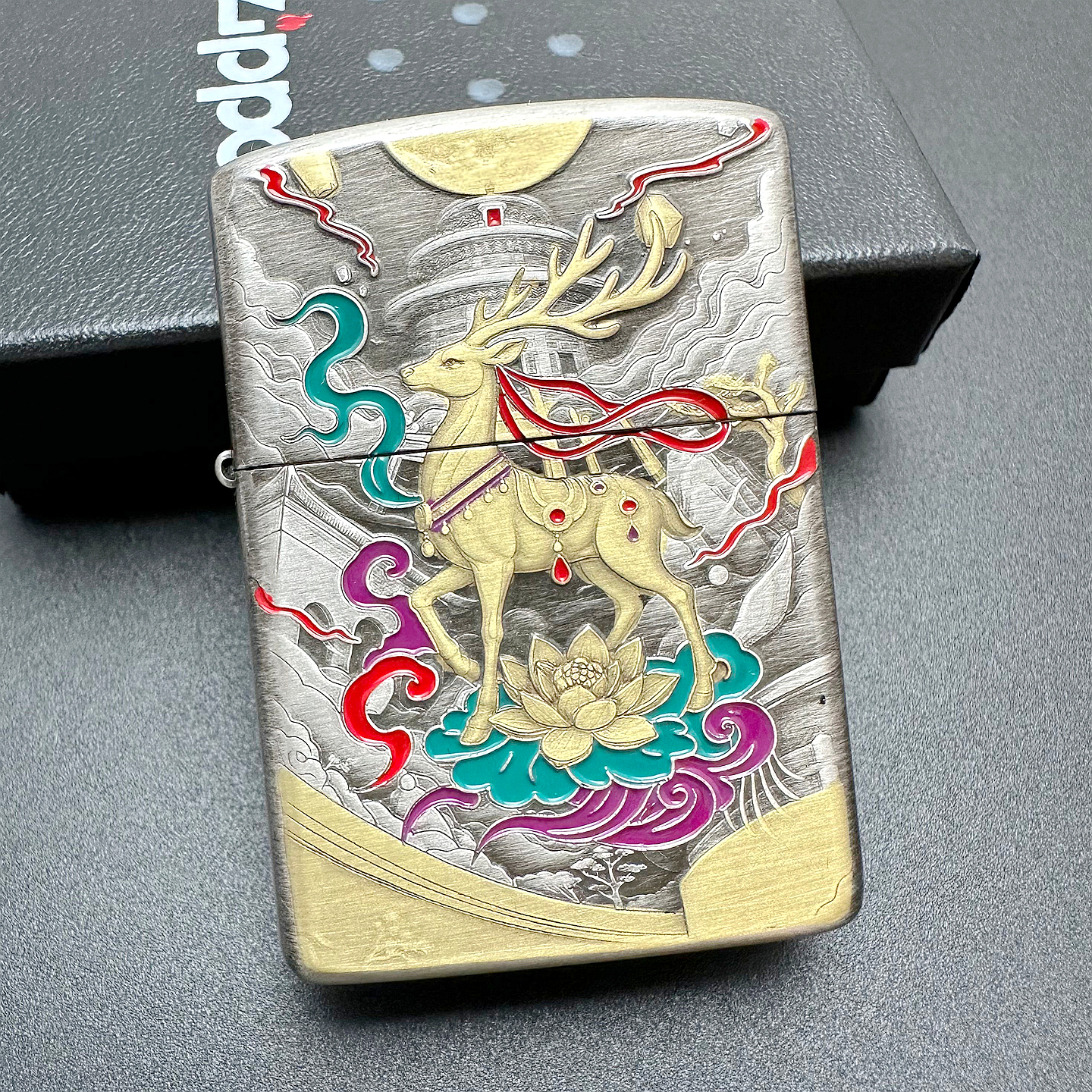 ZIPPO正品之宝打火机 原版盔甲浮雕DIY 162银色珐琅彩敦煌九色鹿