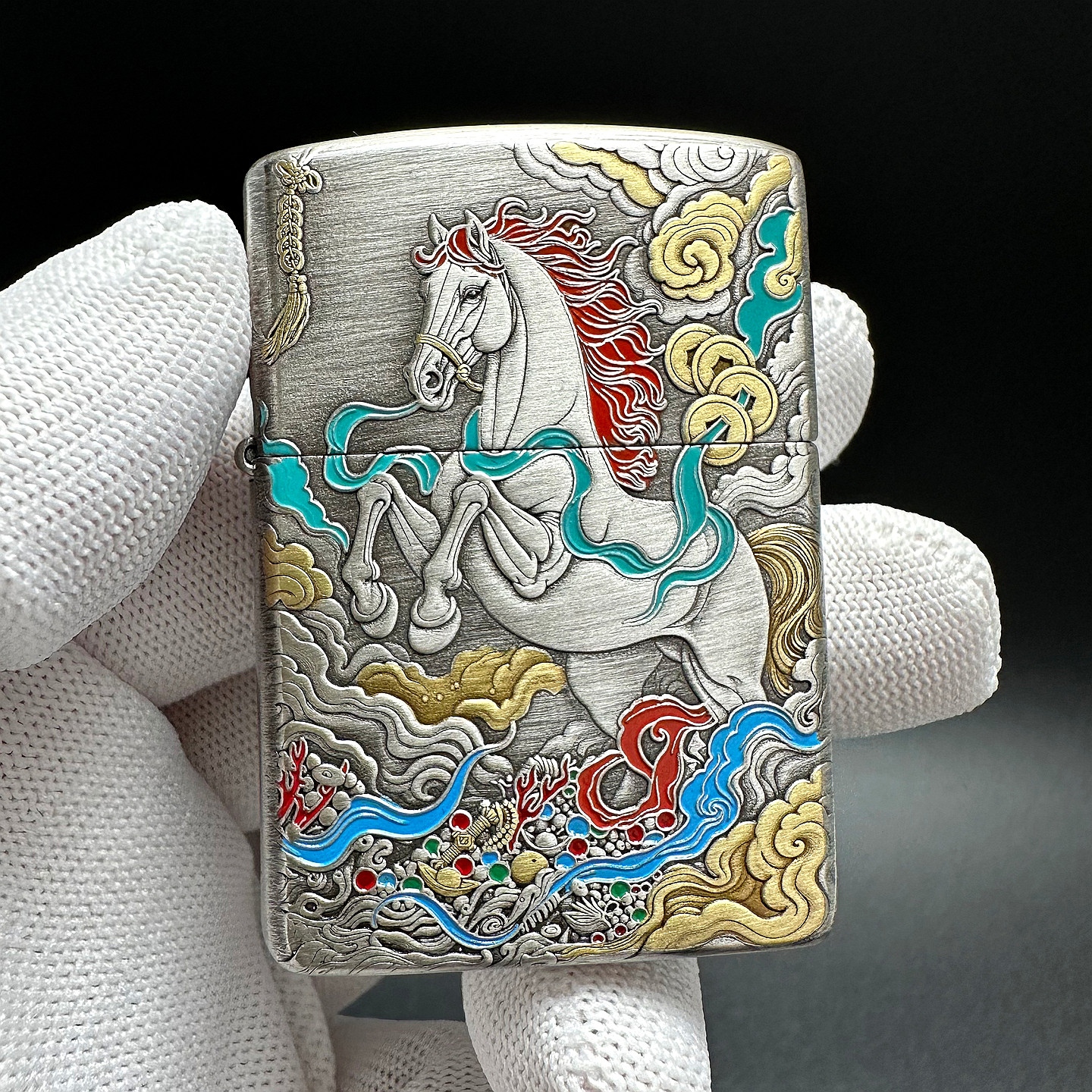 ZIPPO正品之宝打火机 原版盔甲鎏金DIY 马上有钱 162银色骏业宏图