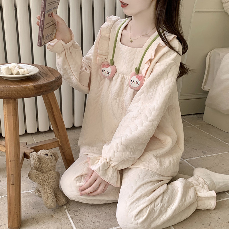 2025新款夹层棉秋冬季女士甜美睡衣加厚长袖长裤女性感家居服套装