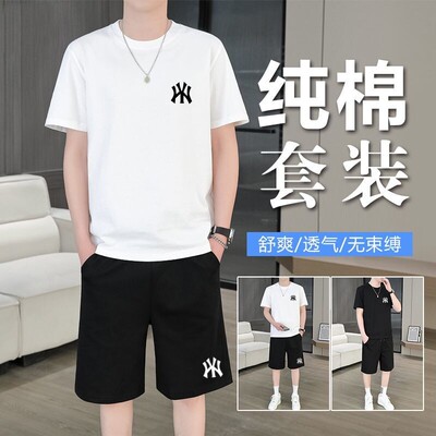 官网N.Y同源正确log夏季运动套装纯棉短袖短裤男士休闲两件套大码