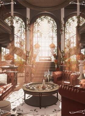 【acon3d】黑天鹅系列书房场景模型 欧式复古落地窗带楼梯场景