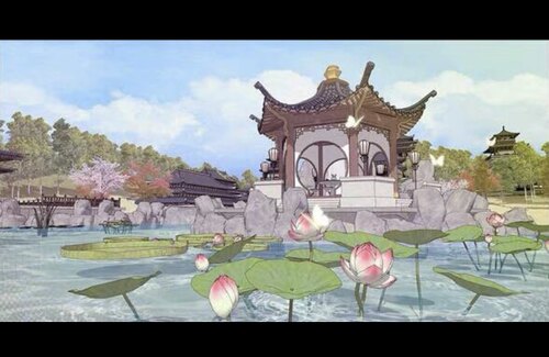 【acon3d】武侠史剧背景-湖泊与楼阁绘画模型 skp模型直接拍