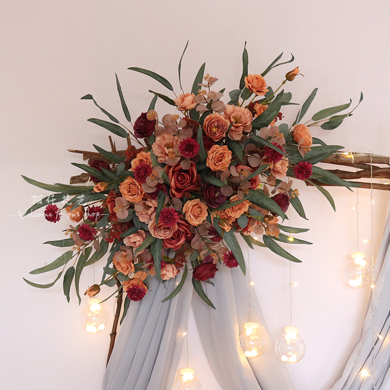 新中式仿真花艺婚礼布置点花挂花角花kt板背景舞台迎宾区装饰花