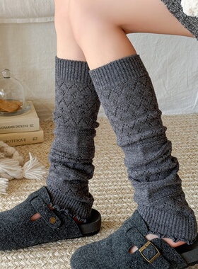 灰色堆堆袜套女秋冬保暖日系复古花边镂空小腿袜配雪地靴羊毛长袜