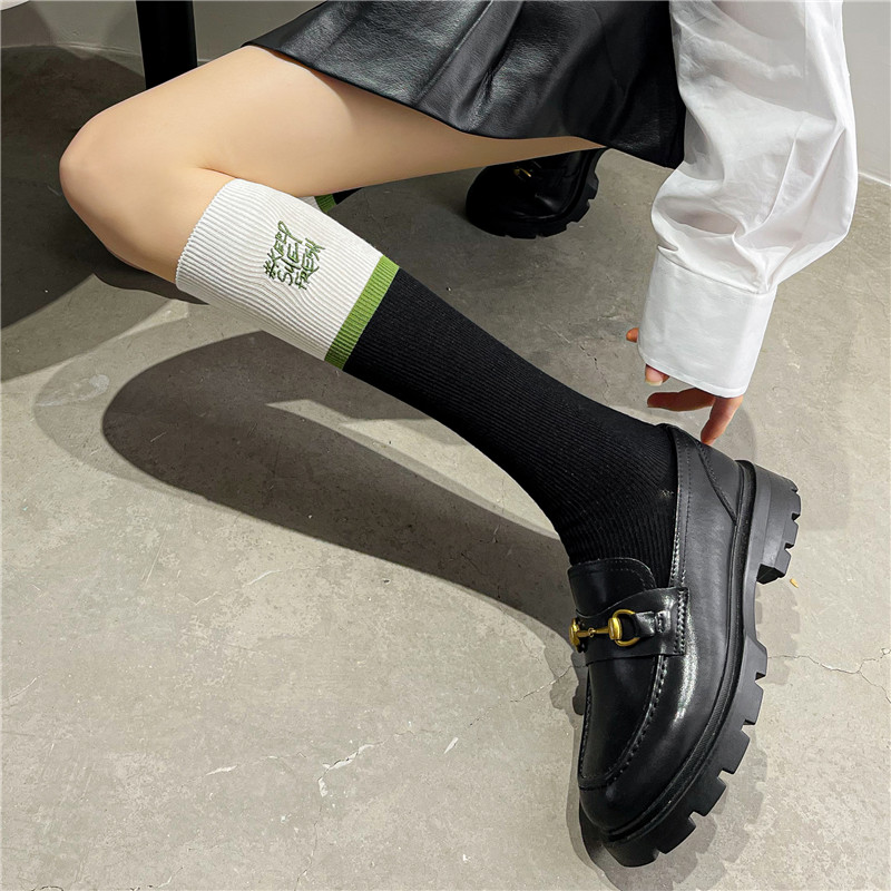 长筒美腿显瘦棉拼色学院风小腿袜