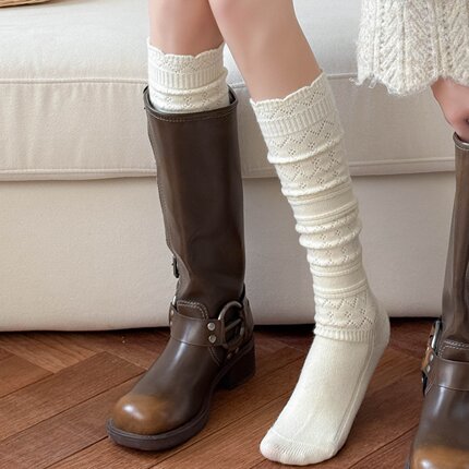 日系复古镂空羊毛小腿袜子女秋冬保暖配靴子长筒靴袜堆堆中筒长袜