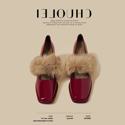 2025秋冬季新款粗高跟玛丽珍鞋女红色加绒方头毛毛鞋法式浅口单鞋