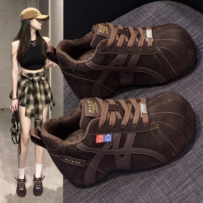 加绒复古真皮勃肯鞋女厚底德训鞋
