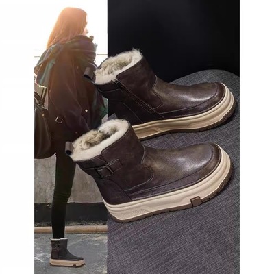 羊皮毛一体加绒加棉增高保暖短靴