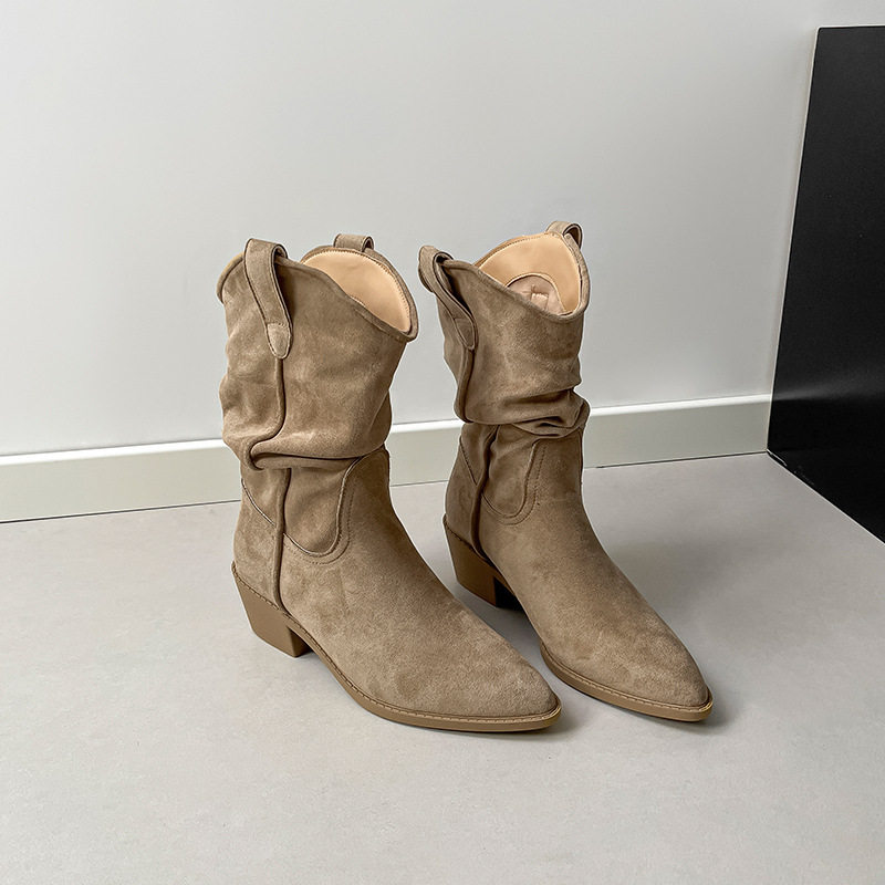 羊皮版~复古尖头高跟短靴女厚底粗跟褶皱堆堆靴西部骑士靴马丁靴,女鞋,马丁靴,淘宝优惠券,粉丝福利购,淘宝优惠卷