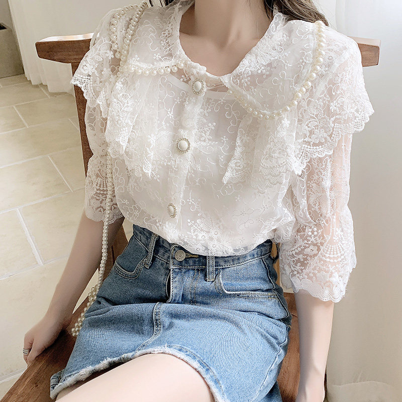 韩版女装2021新款娃娃领短袖蕾丝衫泡泡袖甜美白色上衣仙气女洋气