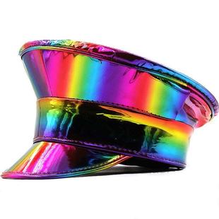 Rainbow Women Men Leather Military Hat 男女漆皮亮面船长帽