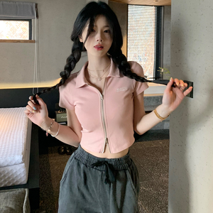 粉色Polo领女款上衣夏季甜美百搭短款修身T恤2024新款拉链短袖女