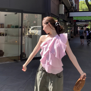 现货！'柔光漫纱'亚麻多层荷叶边飘带单肩吊带粉色短款衬衫上衣女