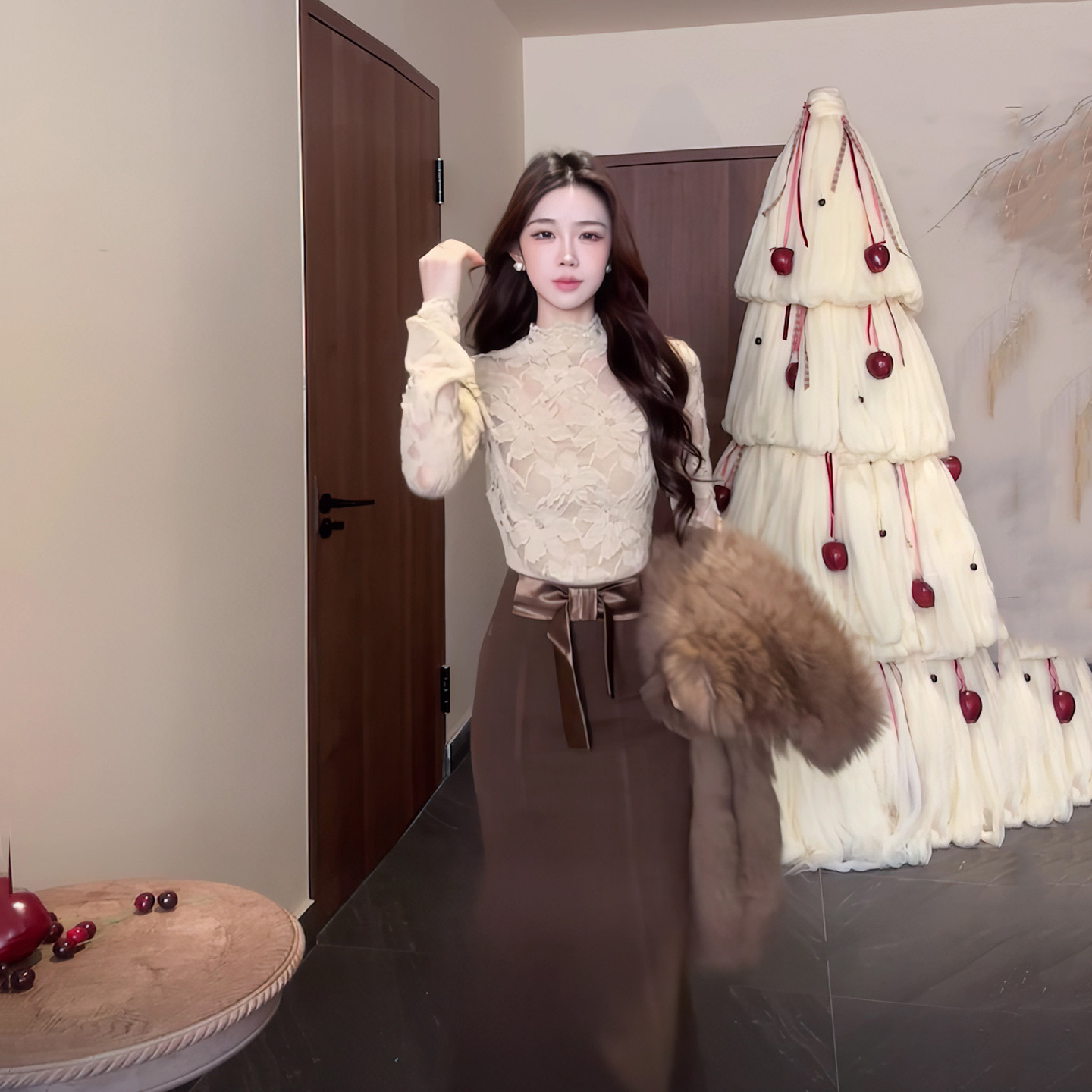 现货！【焦糖栗影】设计感蕾丝内搭高领上衣蝴蝶结高腰鱼尾半身裙,女装/女士精品,时尚套装,淘宝优惠券,粉丝福利购,淘宝优惠卷