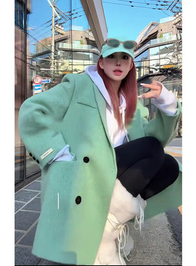 薄荷绿西服领毛呢外套女小个子