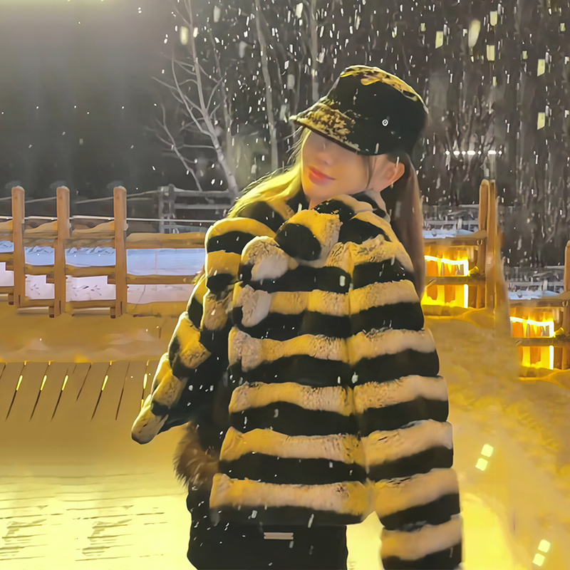 冬季龙猫獭兔毛皮外套皮毛皮草一体女士条纹短款毛毛轻奢贵妇大衣