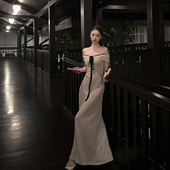 春夏上新 温莎之恋 浪漫一字肩礼服长裙系带收腰包臀优雅连衣裙