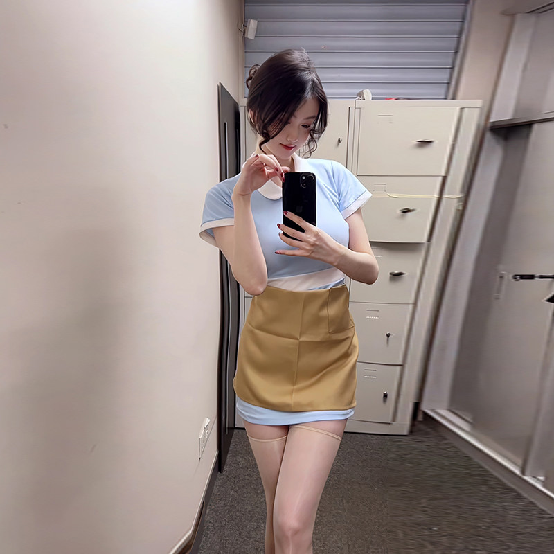 职业女孩穿搭可爱风蓝色娃娃领拼色短裙短袖连衣裙包臀裙+围裙