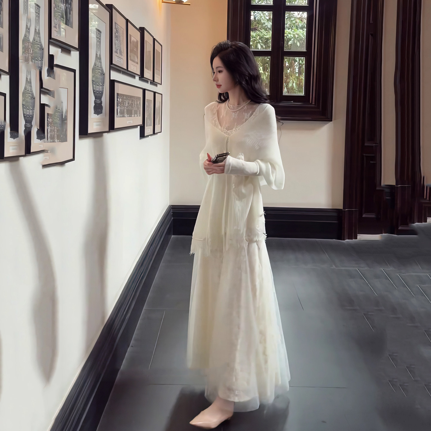 现货！秋冬清冷感针织加厚网纱蕾丝拼接长袖连衣裙温柔风约会长裙