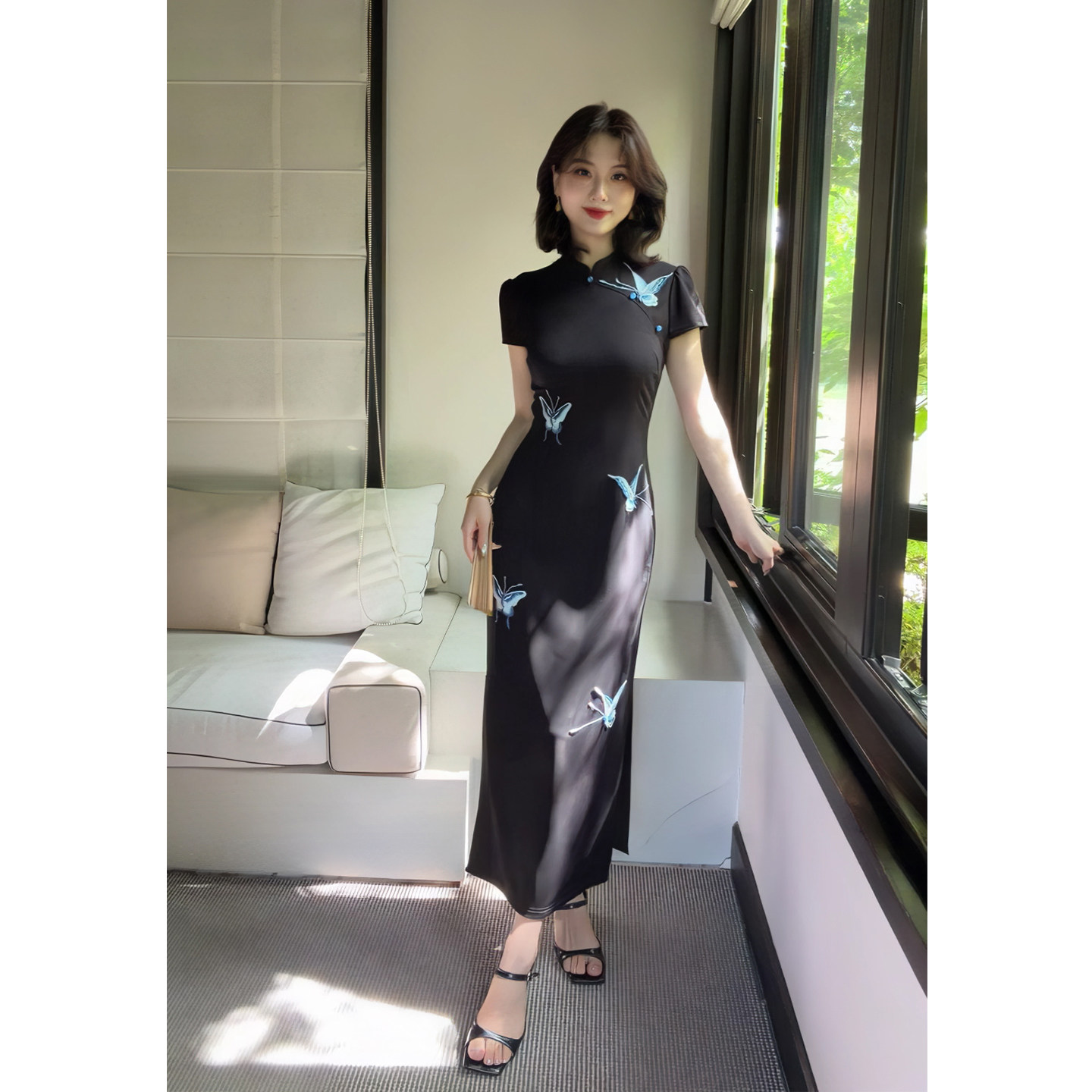 现货”蝶影墨韵“新中式黑色改良旗袍连衣裙开叉旗袍后背镂空蝴蝶