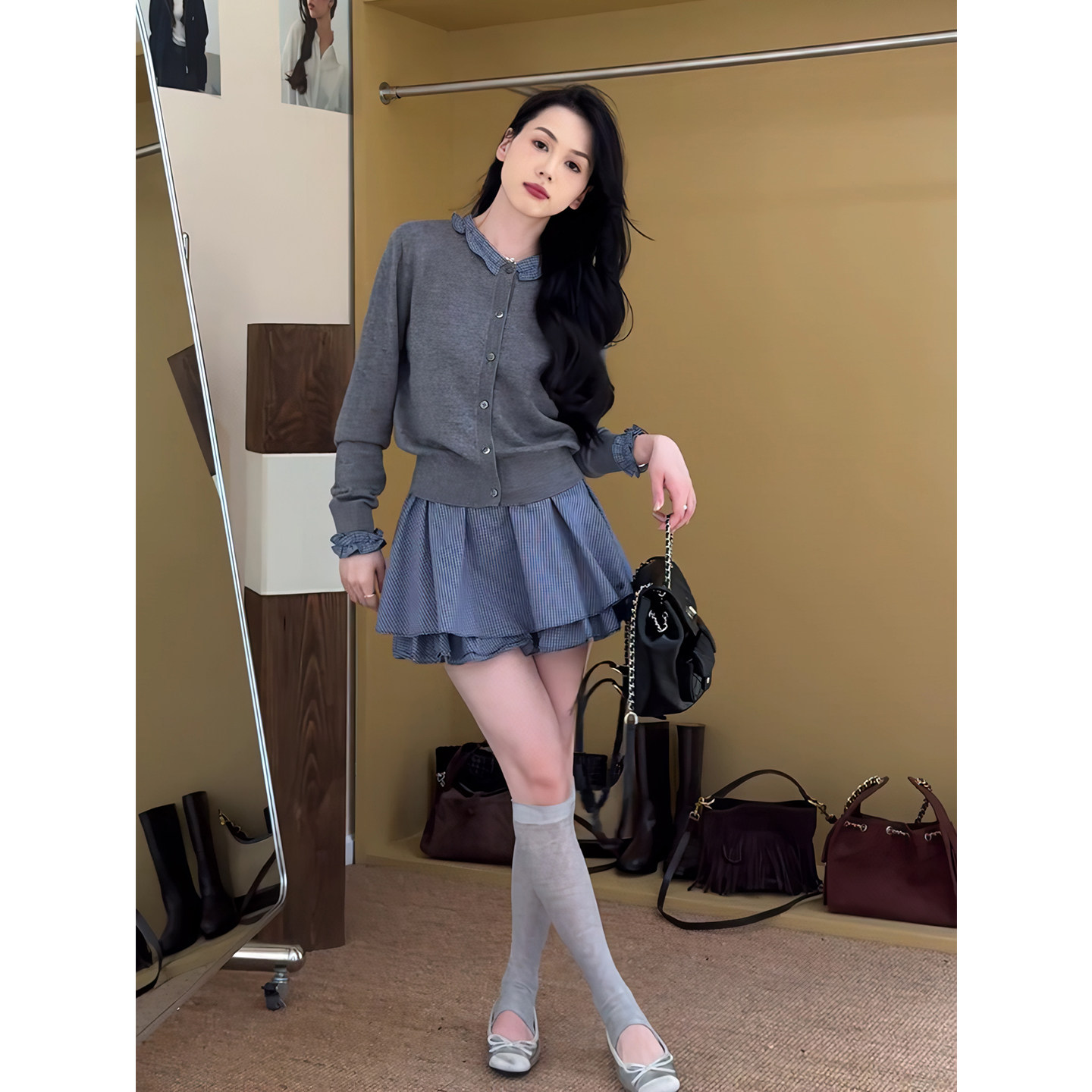 现货！春秋长袖荷叶领灰色针织开衫上衣+蓝色格子半身裙两件套,女装/女士精品,时尚套装,淘宝优惠券,粉丝福利购,淘宝优惠卷