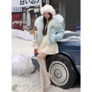 浅蓝超大毛领派克服女短款皮草拼接2026冬季甜妹小个子棉服外套女